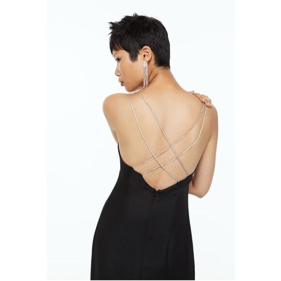 NWT H&M Rhinestone-Strap Satin Midi Dress in Black Size XL - Picture 4 of 12